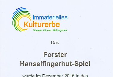 Urkunde Immaterielles Weltkulturerbe Hanselfingerhutspiel